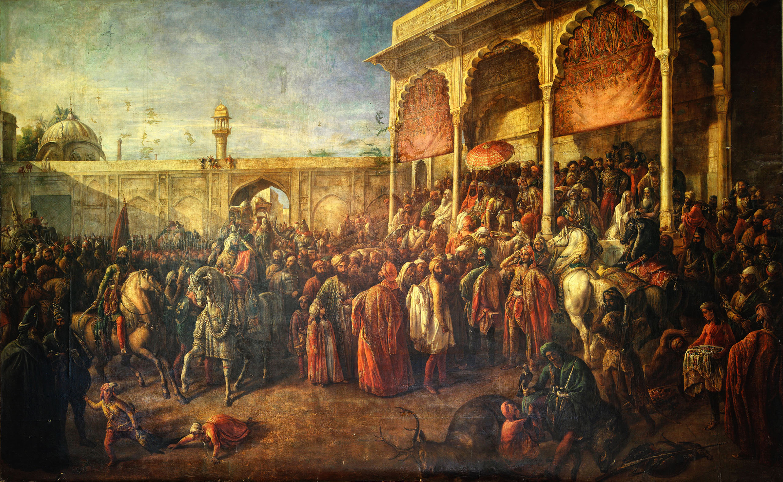 Maharaja Ranjit Singh and the Court of Lahore, painted by August Schoefft, with richly coloured figures and golden palace arches.
