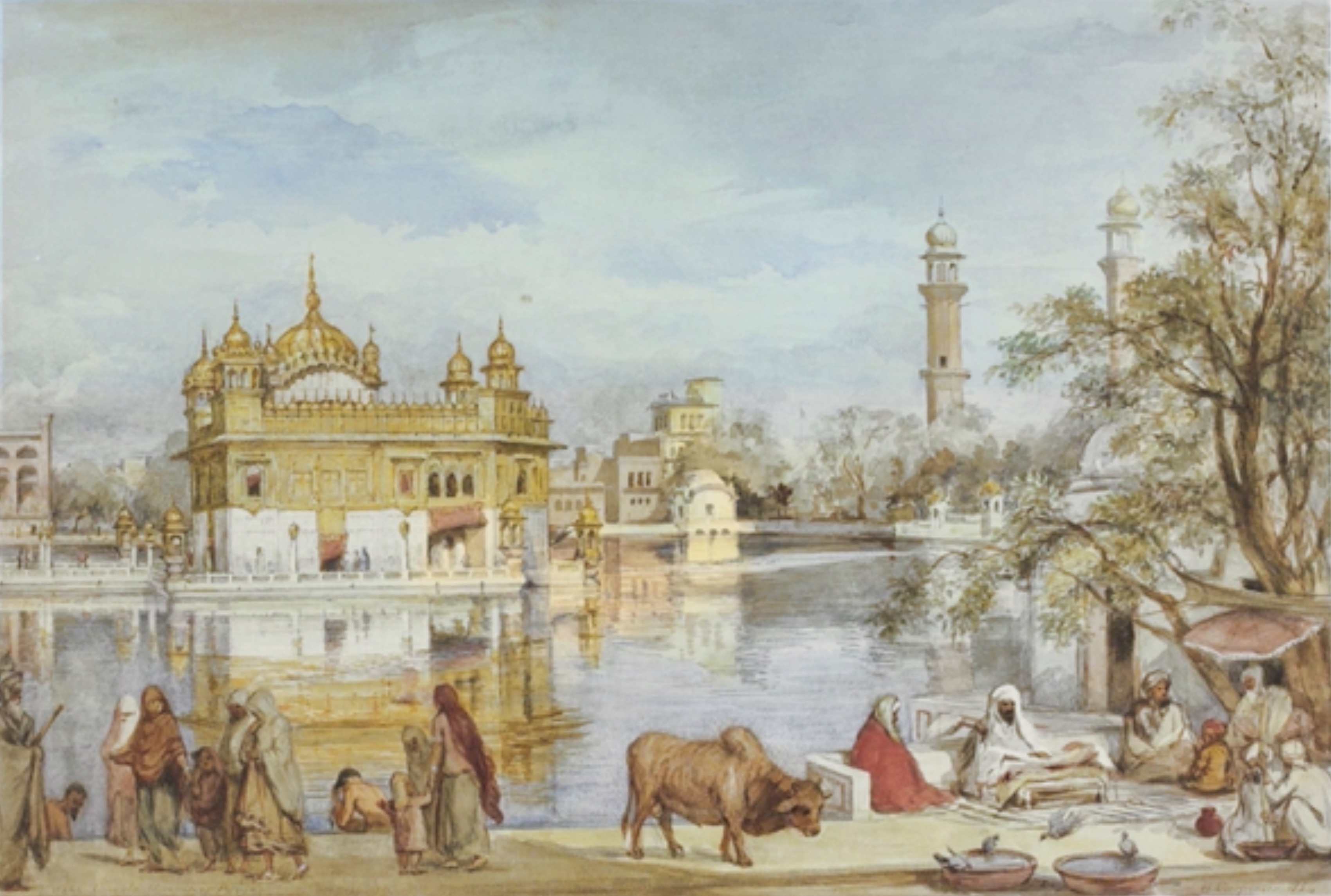William Carpenter’s watercolour of the Golden Temple, with soft washes of blue, gold, and green.
