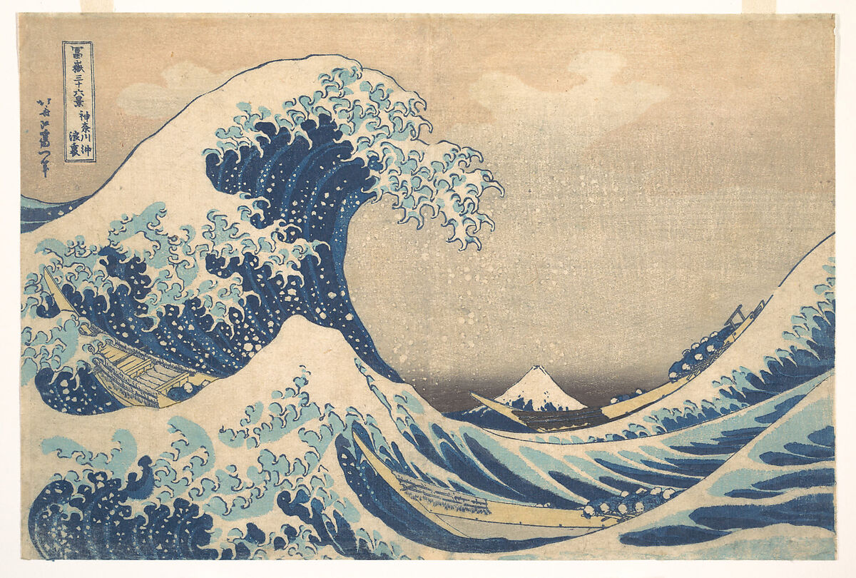 Hokusai’s Great Wave woodblock print, showing bold blue shapes and flowing graphic lines.