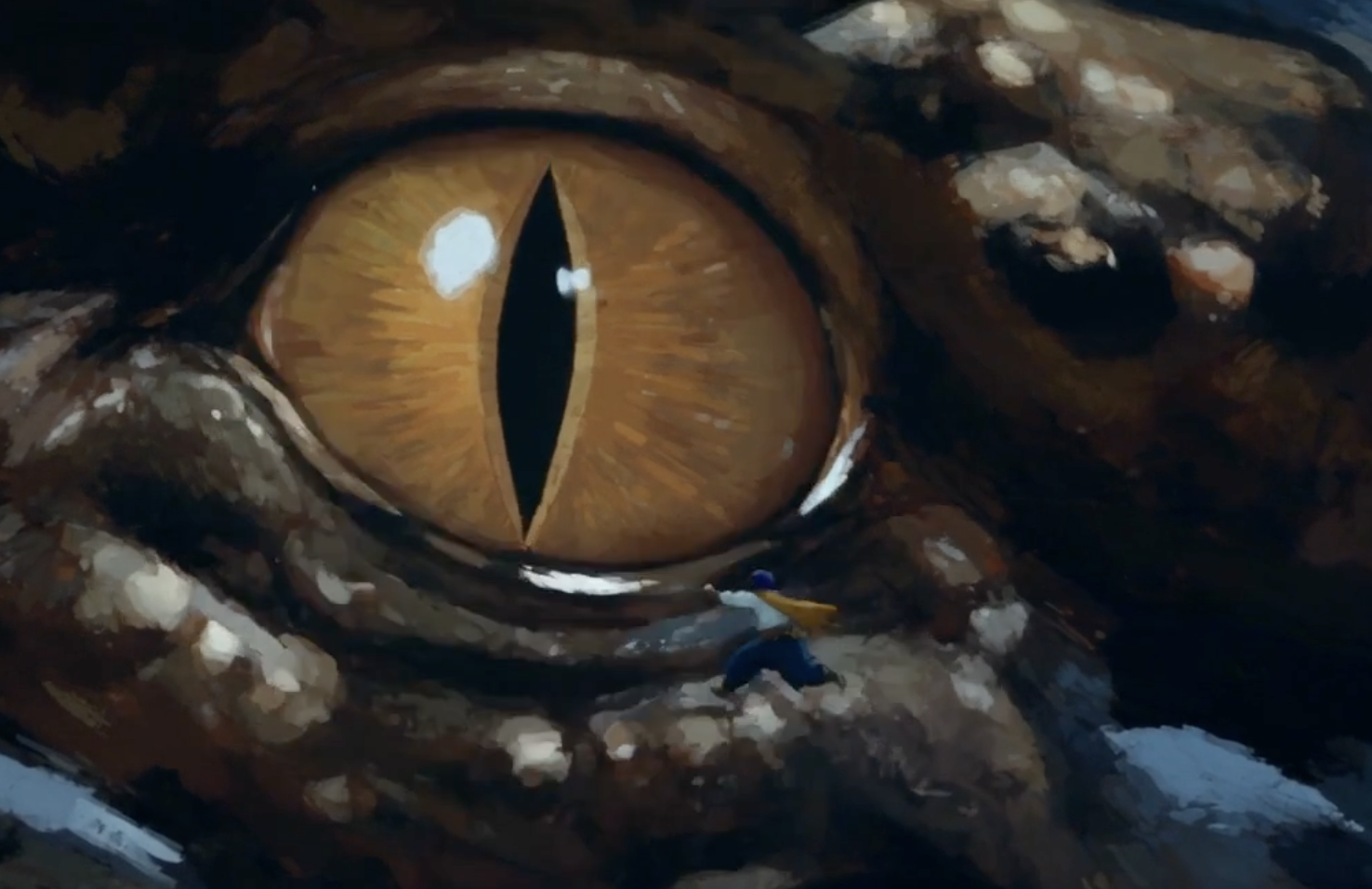 Akaali stands before the immense golden eye of the makara.