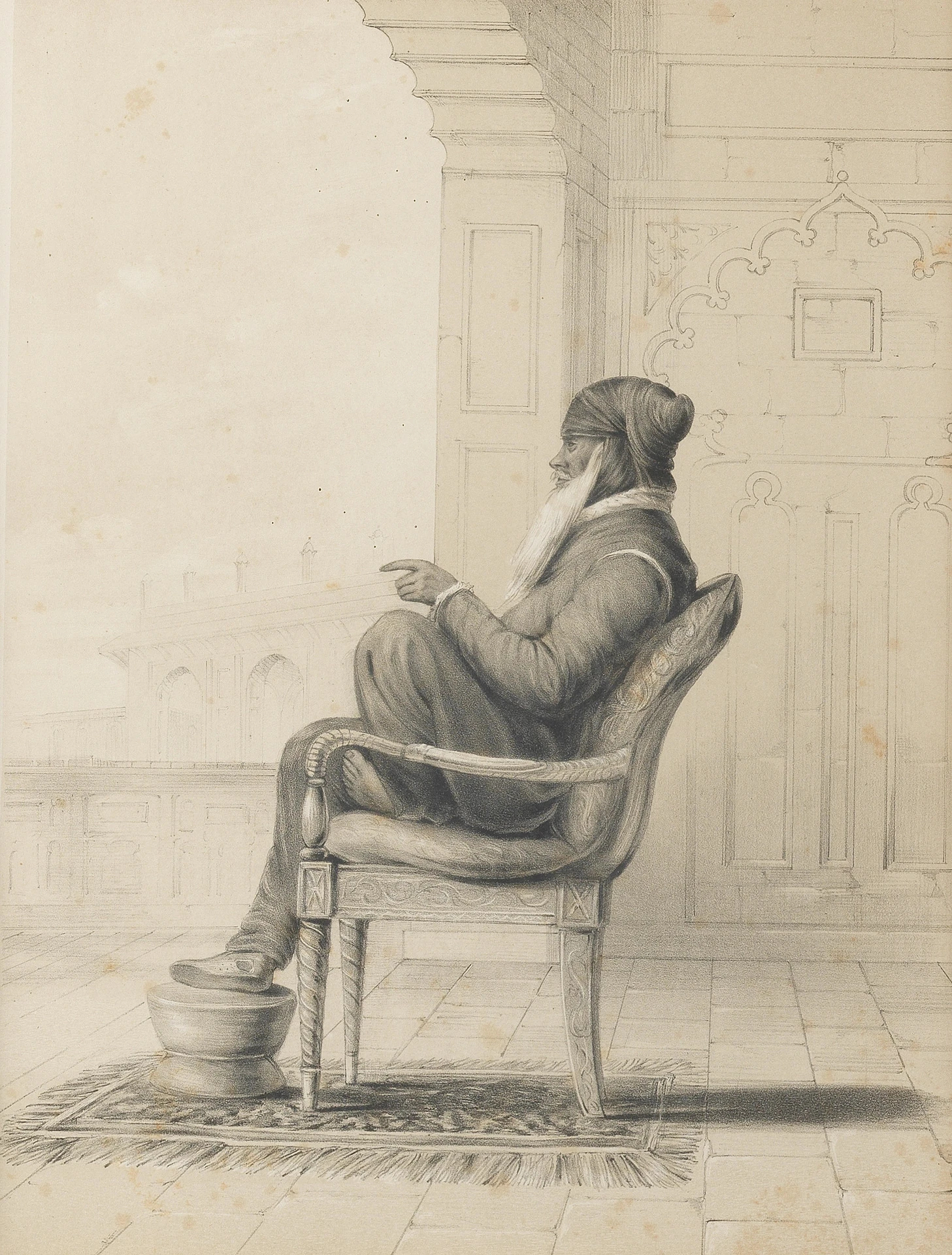 A monochrome lithograph of Maharaja Ranjit Singh seated in profile, after Emily Eden.