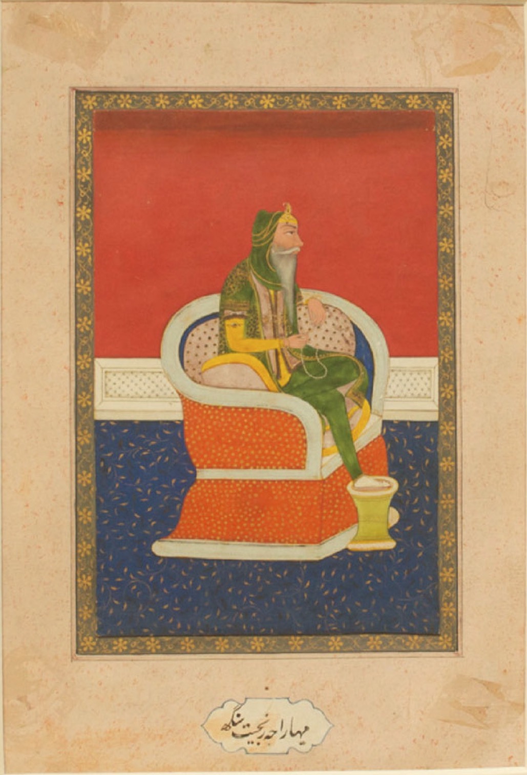 Historic miniature painting of Maharaja Ranjit Singh seated against a vivid red background within a decorated manuscript border.