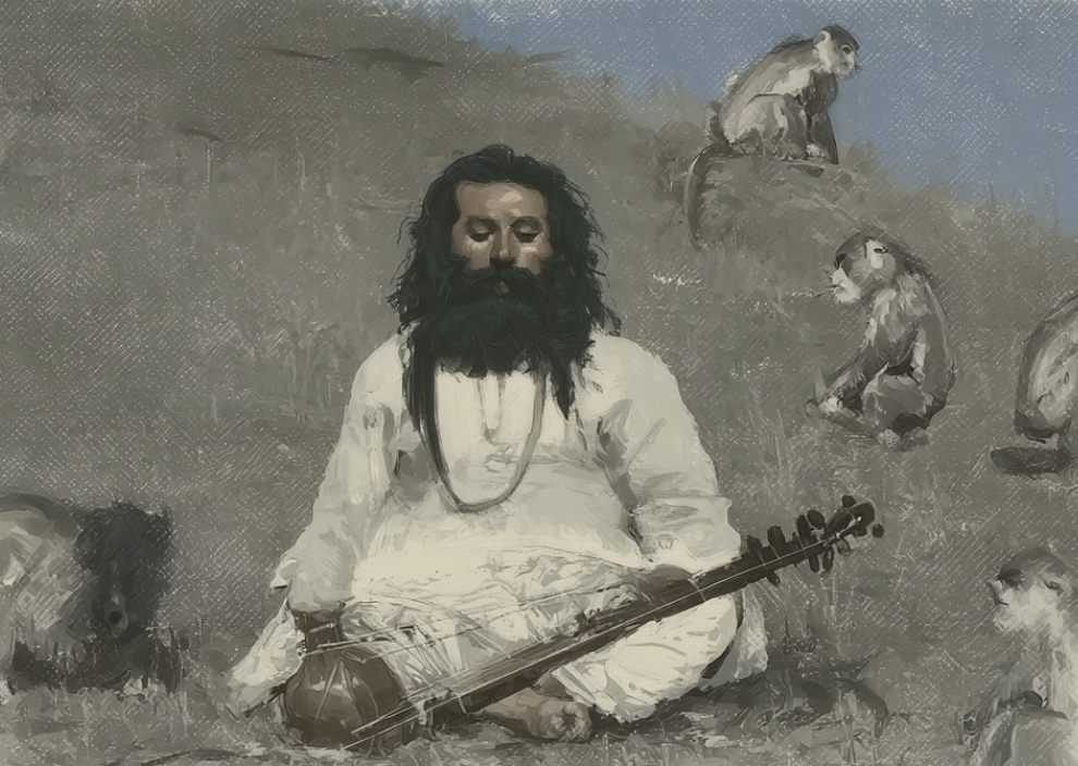 A painted scene of Gian Singh Almast seated with a stringed instrument among langurs.